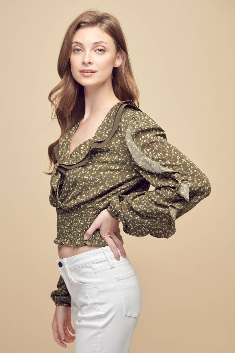 Petal Dew - Vendita all'ingrosso Camicetta - Donna - BLUSA FLOREALE TOP SMOCKING CROPPED INCRESPATO - P000304