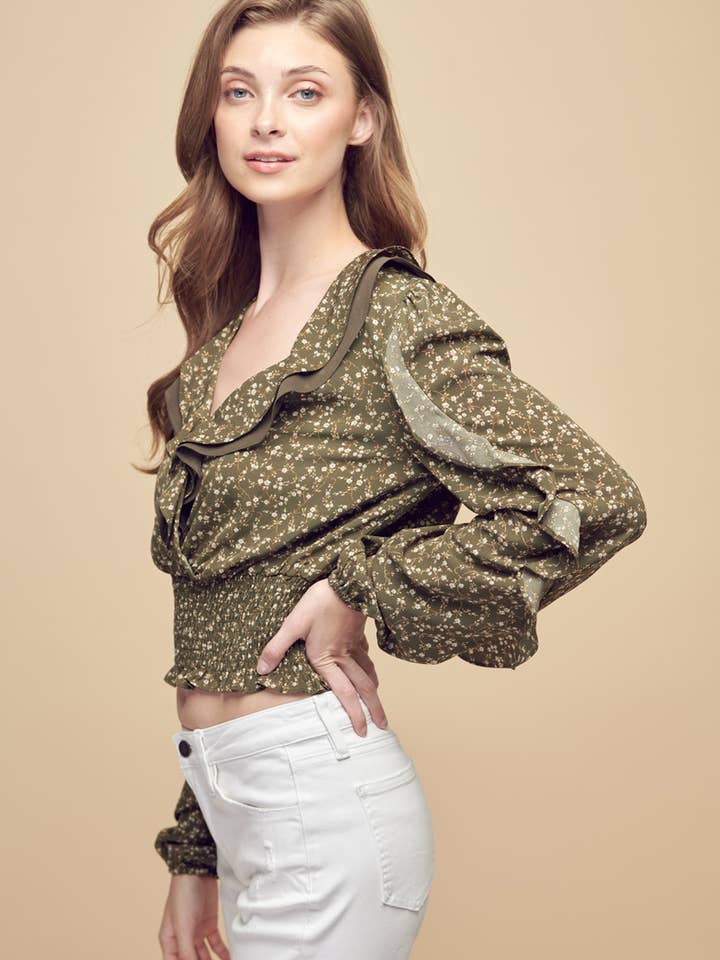 Petal Dew - Vendita all'ingrosso Camicetta - Donna - BLUSA FLOREALE TOP SMOCKING CROPPED INCRESPATO - P000304