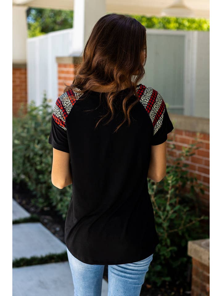 Mix Pattern You Can't Sleeve Me Alone Black Short Sleeves T-Shirt with Leopard and Red Checkers for wholesale on Faire