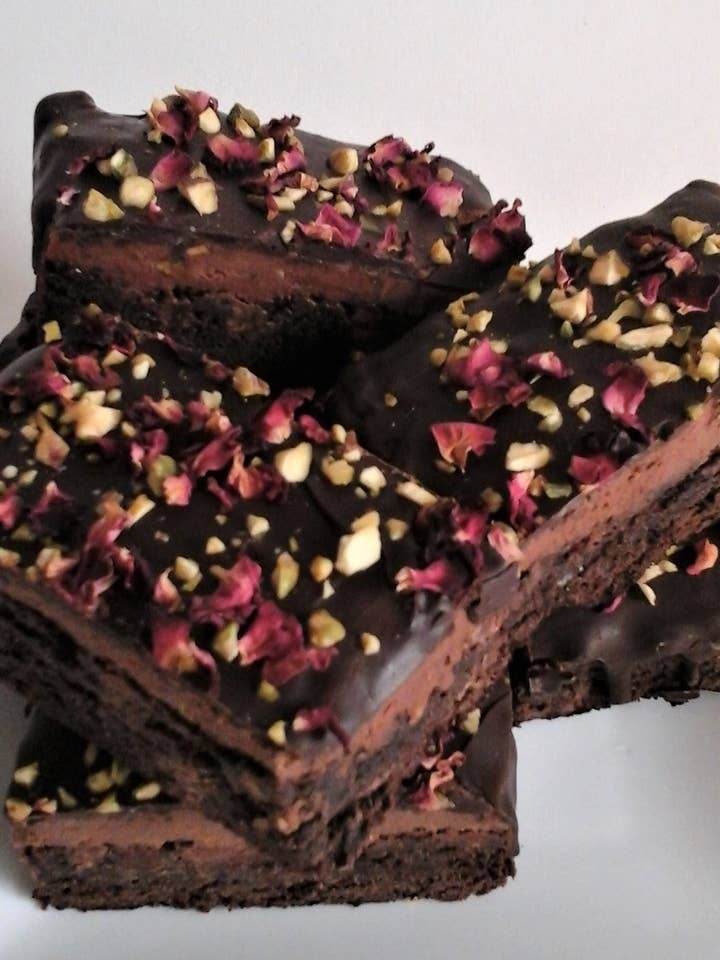 Luxury Pistachio Rose Brownies (Large Box of 6) for wholesale by Anthony James Chocolate