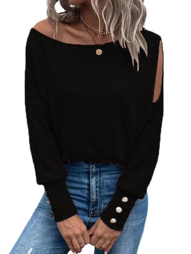 Plain Cold Shoulder Long Sleeves Top ZZKF477 for wholesale by UNISHE