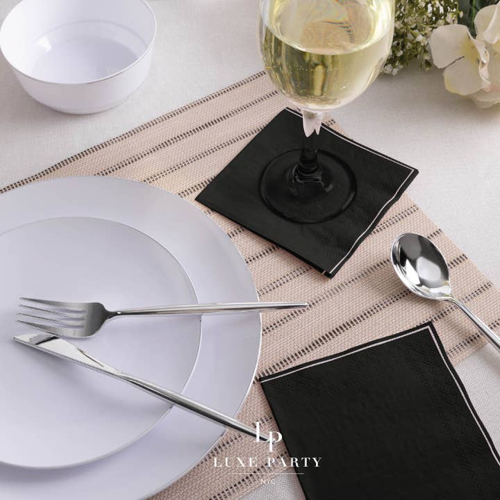 Luxe Party - Wholesale Disposable Napkin - Black with Silver Stripe Cocktail Paper Napkins | 20 Napkins