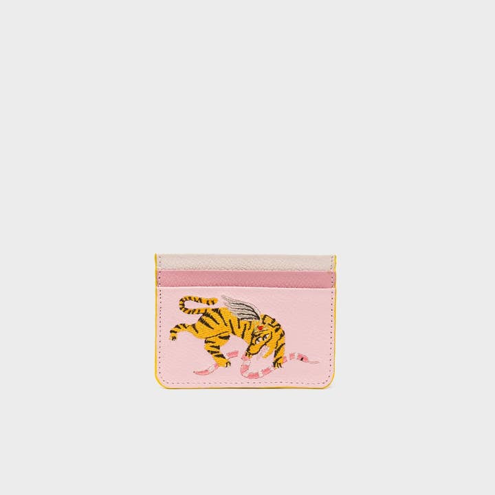 Min & Mon - Wholesale Card Holder - Women's - Filium Parfait Pink Leather Cardholder - Retro Tiger Embroidery0
