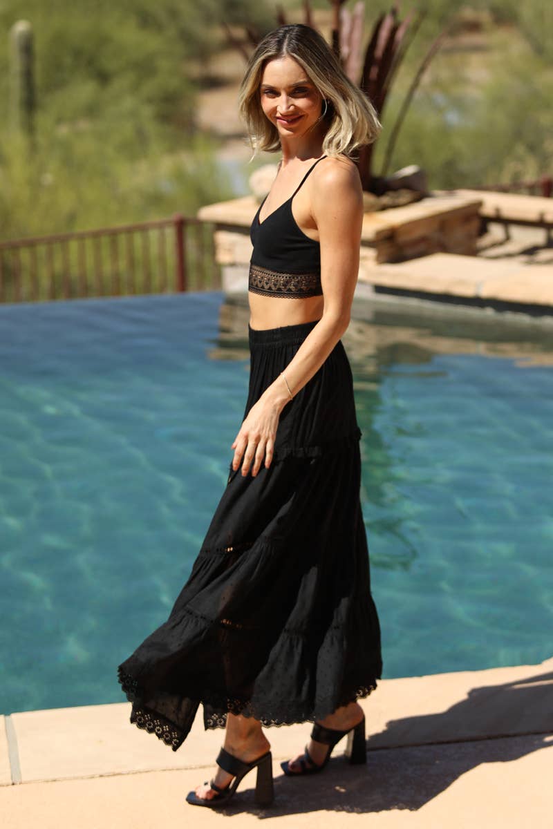 ANGIE – Saia - Mulher por atacado – Saia longa em camadas com detalhe de renda e fenda9