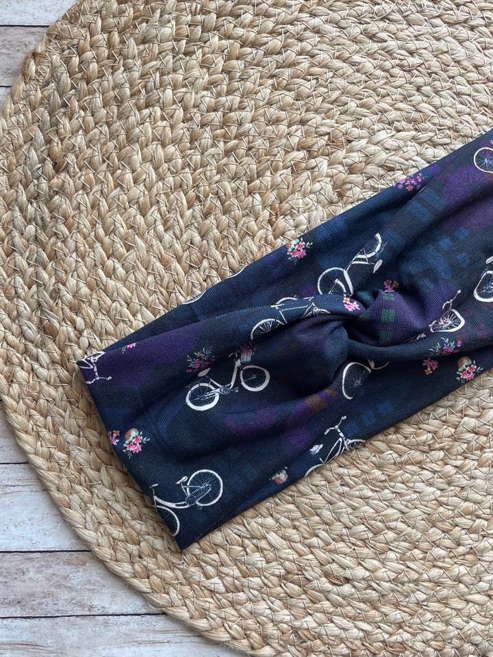 Navy Bikes with Flowers Knit Twist Headband for wholesale by Designs by Rachel Joy