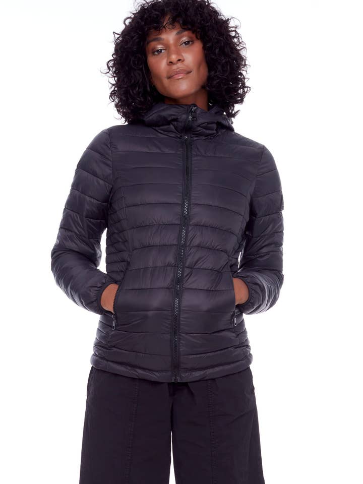 YOHO LADIES' | WOMEN'S VEGAN DOWN (RECYCLED) LIGHTWEIGHT PACKABLE PUFFER, BLACK for wholesale by Alpine North CA