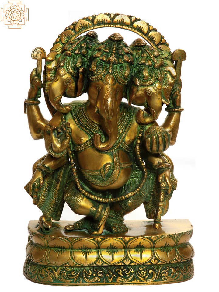 12" Three-headed Dancing Ganesha Brass Statue | Handmade for wholesale by Exotic India Art