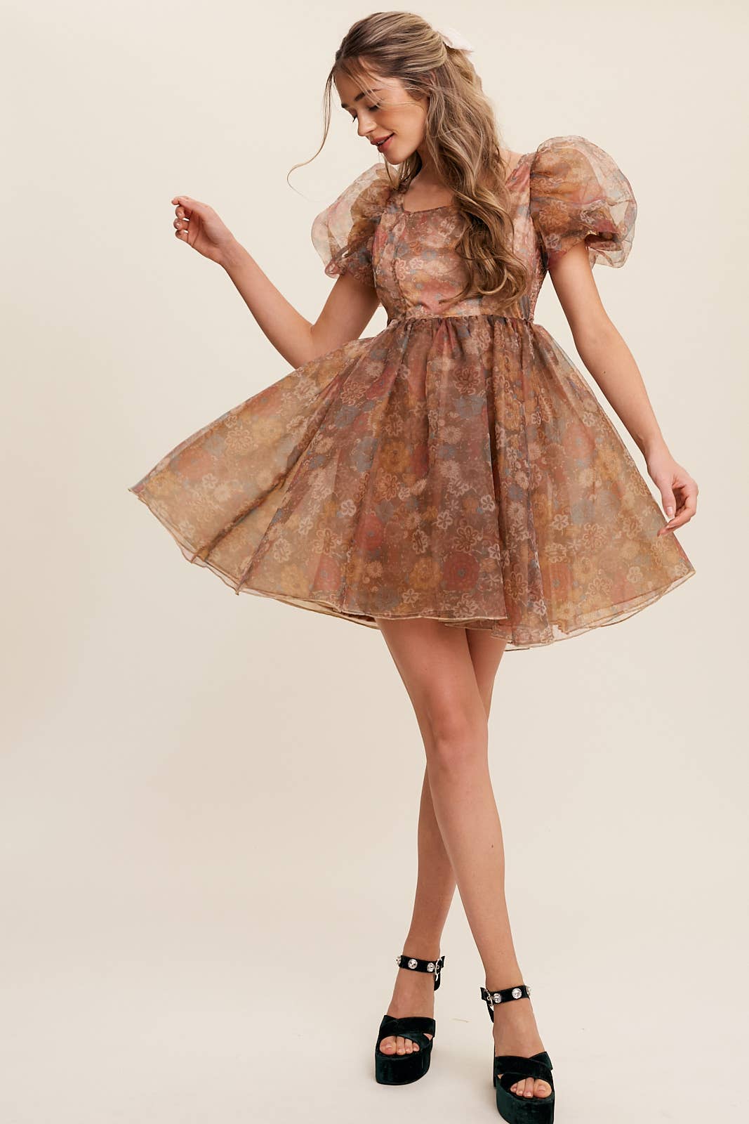 Listicle - Wholesale Dress - Women's - Floral Puff Sleeve Organza Mini Dress25