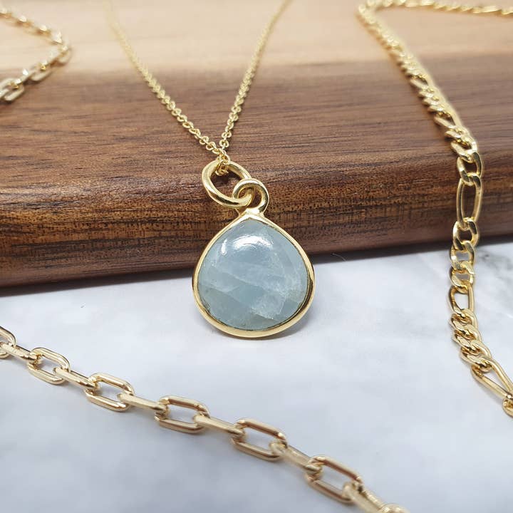 18ct Gold Vermeil Plated Aquamarine Necklace for wholesale by Harfi