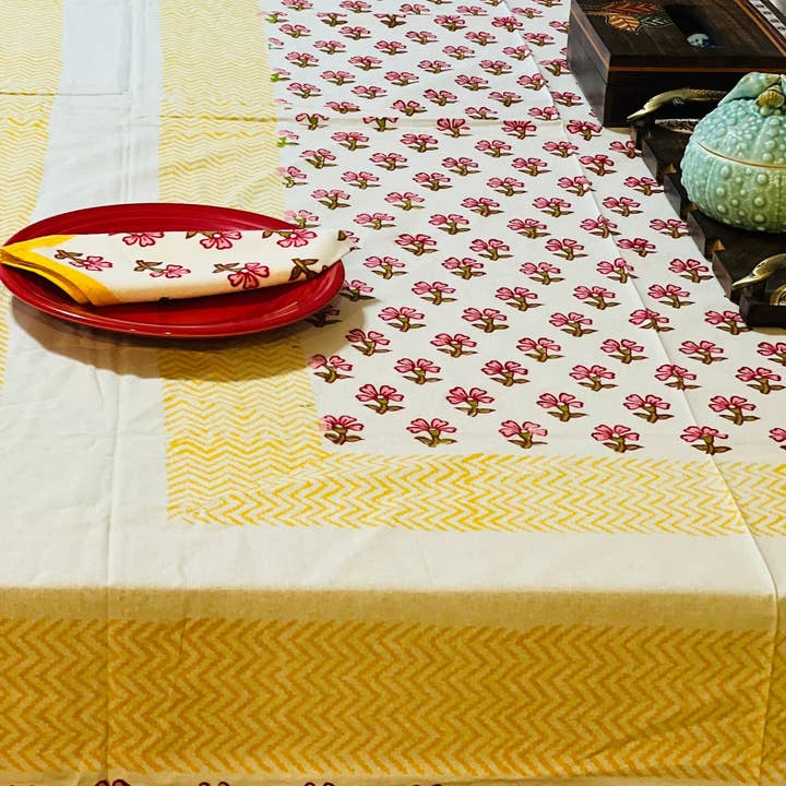 Sunny Dzyns – Engroshandel Dug – Indian Block Print Duge, Gul Blomstret Bomuld Borddæksel, Bordduge Med Servietter Sæt, Pink Jaipur Print Rektangel Bordduge