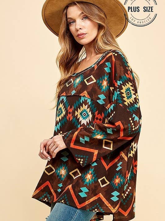 Shopin LA - Wholesale Lounge Top - Women's - ST21113P - WOMEN AZTEC PRINT REVERSE SEAM PONCHO STYLE TUNIC