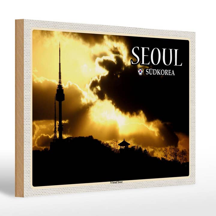 Letrero de madera de viaje de 30 x 20 cm, Seoul South Korea N Seoul Tower, torre de televisión, letrero de madera para venta al por mayor de Femer