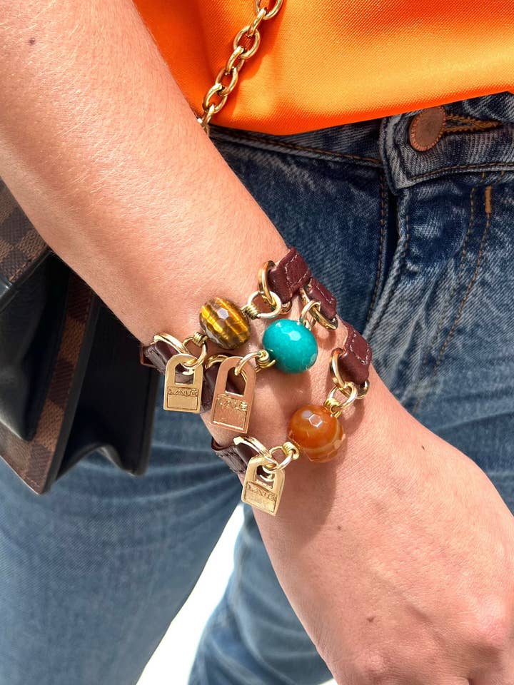 Pacote Bracelete com Pele Castanho, Olho de Tigre, Turquesa Verde e Pedras Cornalina por atacado de LALE