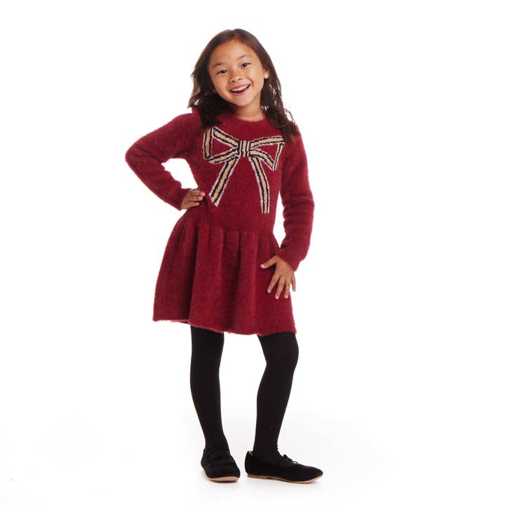 Kids Eyelash Sweater Dress | Red Bow Christmas Holiday for wholesale on Faire