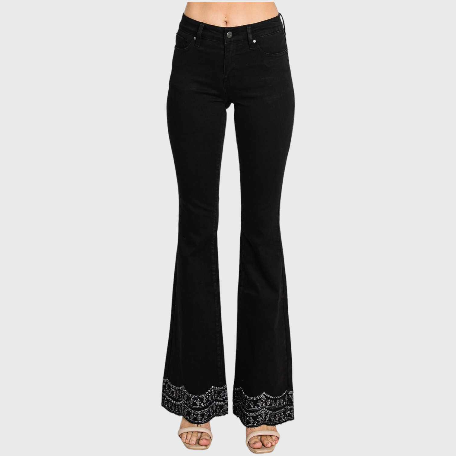 Petra153 - Wholesale Jeans - Women's - P716MF-BLK MID RISE STRETCH FLARE W/ EMBROIDERY RAW EDGE HEM6