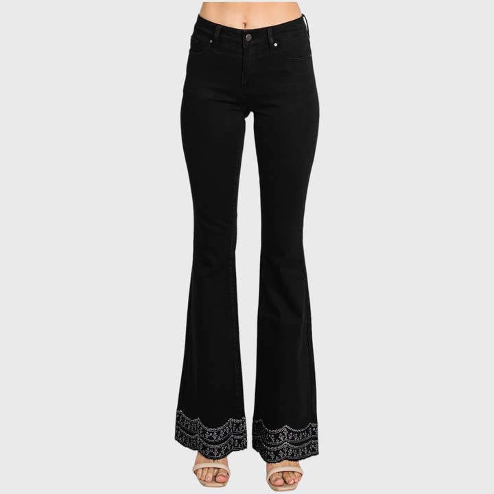 Petra153 - Wholesale Jeans - Women's - P716MF-BLK MID RISE STRETCH FLARE W/ EMBROIDERY RAW EDGE HEM6