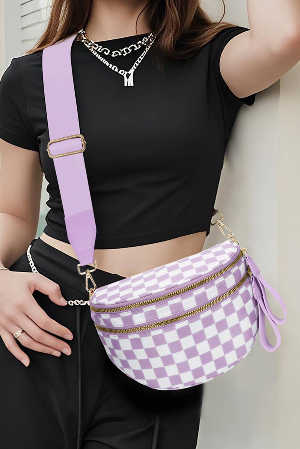 Little Daisy Closet - Wholesale Crossbody Bag - Women's -  LDC Checkered Print Wide Strap Large Crossbody Bag8