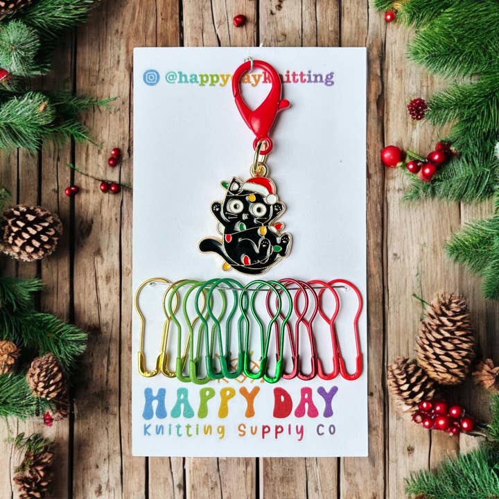 Marqueur de mailles de Noël pour chat noueux avec fermoir et épingles à bulbe pour la vente par Happy Day Knitting