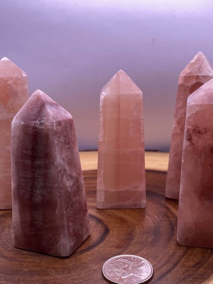Rose Calcite obelisk for wholesale by Moonbeam Healing