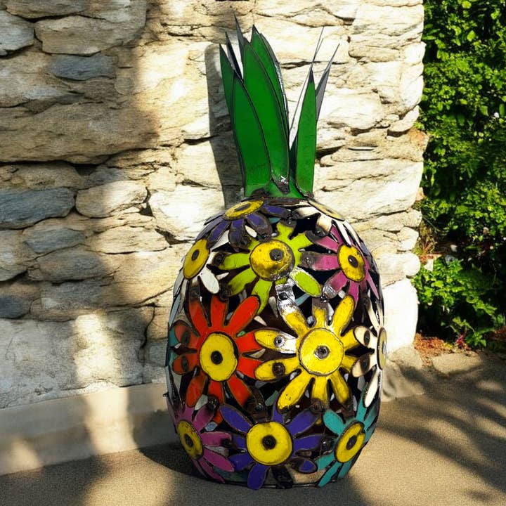 Metal Pineapple Sculpture Made of Colorful Flowers for wholesale by Blue Goat Garden Decor