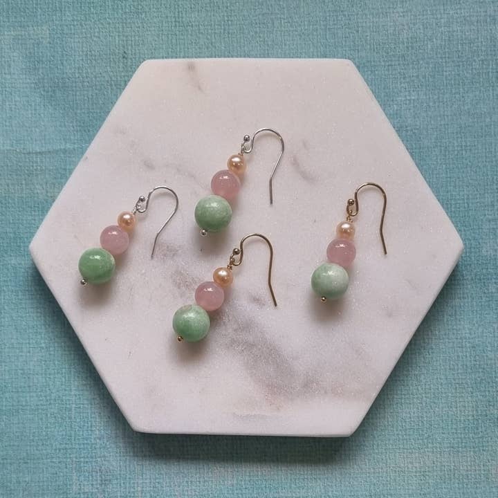 PearlGem Designs - Wholesale Dangle earrings - Bacca Green Moonstone, Madagascar Rose Quartz & Freshwater Pearl Earring1