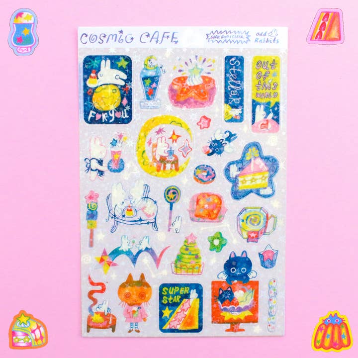 Feuille d'autocollants A6 transparente 'Cosmic Cafe' Star Holo pour la vente par Odd Rabbits