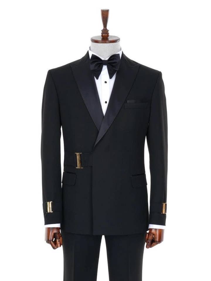 parez suits - Wholesale Tuxedo Set - Men's - Men's Black Tuxedo Suit with Satin Lapel and Gold Buckle1