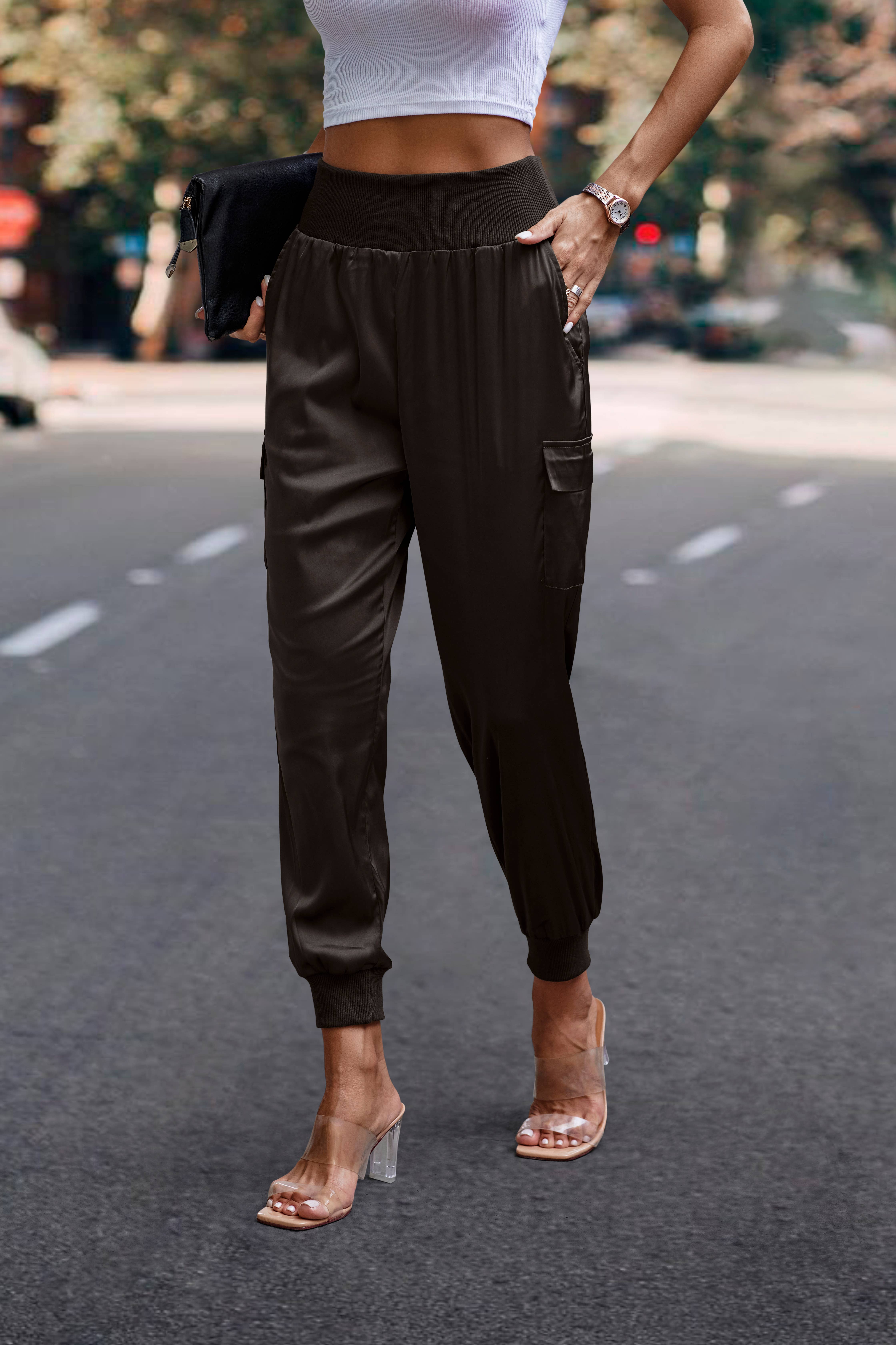 eLook - Wholesale Lounge Sweatpants/Joggers - Women's - SZ1-P0012 Satin Cargo Jogger with Ribbed Waist15