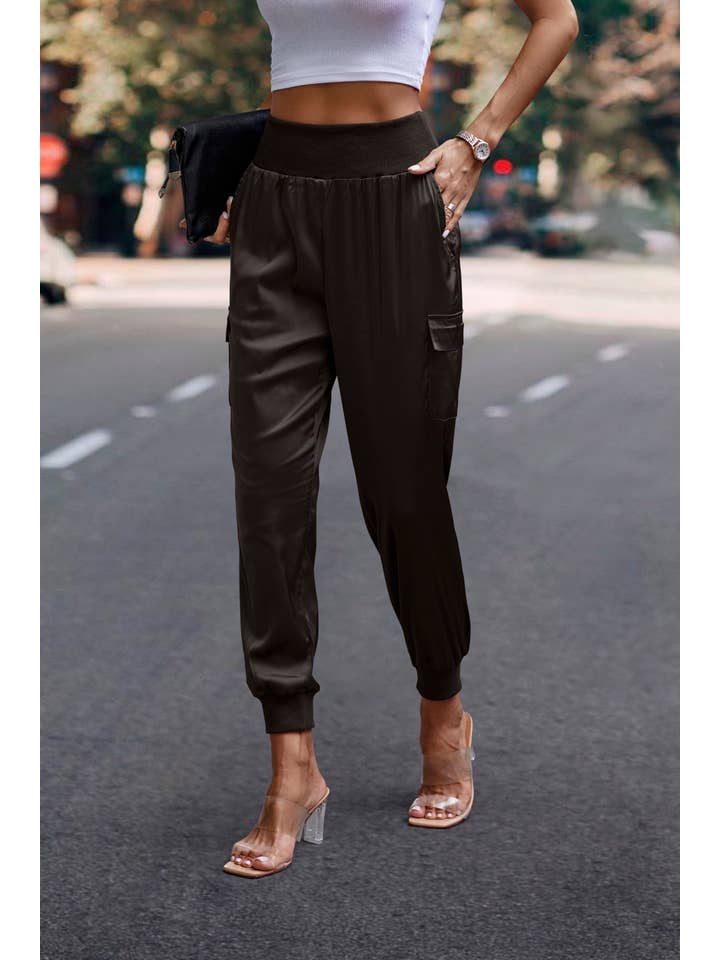 eLook - Wholesale Lounge Sweatpants/Joggers - Women's - SZ1-P0012 Satin Cargo Jogger with Ribbed Waist15