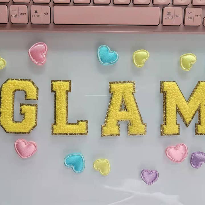 2.1 inch Iron on letters, Yellow, Chenille Letters, varsity for wholesale by Chicbaby LLC