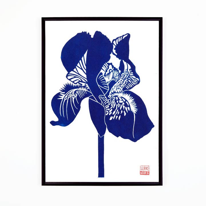 Impresión en linóleo - Azul Iris (A3) para venta al por mayor de Studio Wald - UK Made