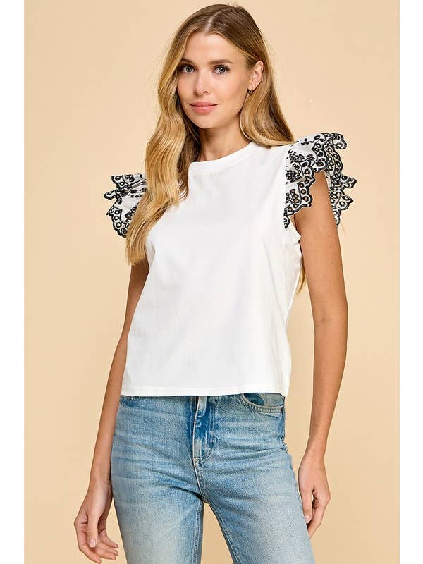 White CT9109-Ruffled Lace Sleeves Knit Top for wholesale on Faire
