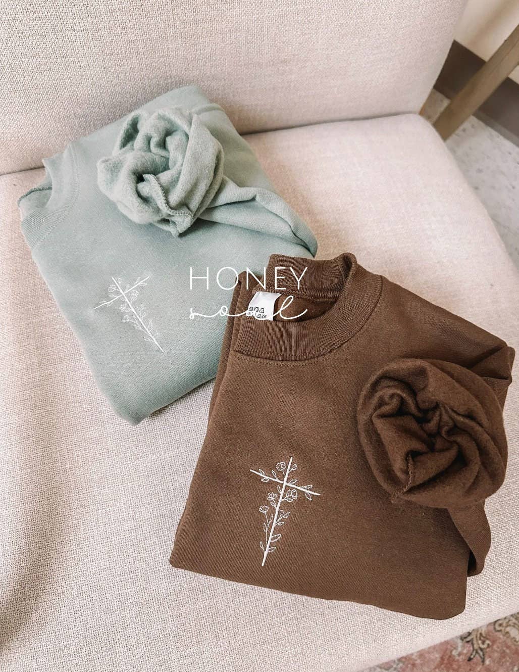 Honey Soul LLC - Wholesale Graphic Sweatshirt - Women's - Embroidered Floral Cross Sweatshirt0
