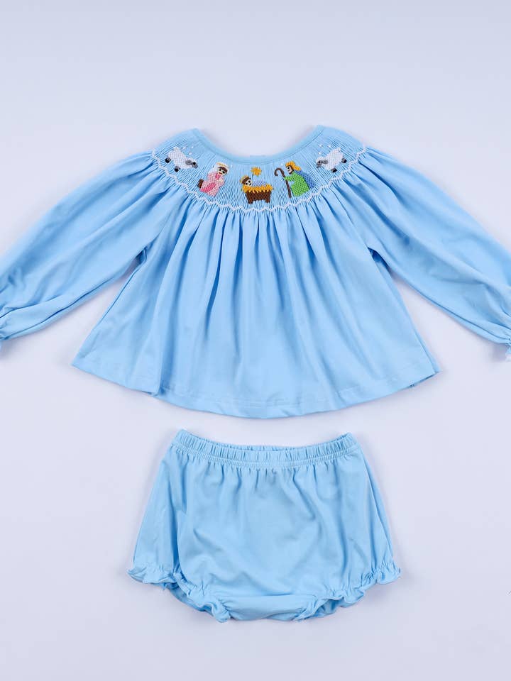 Blue nativity hand smocked bloomer set for wholesale by Mom & Co.