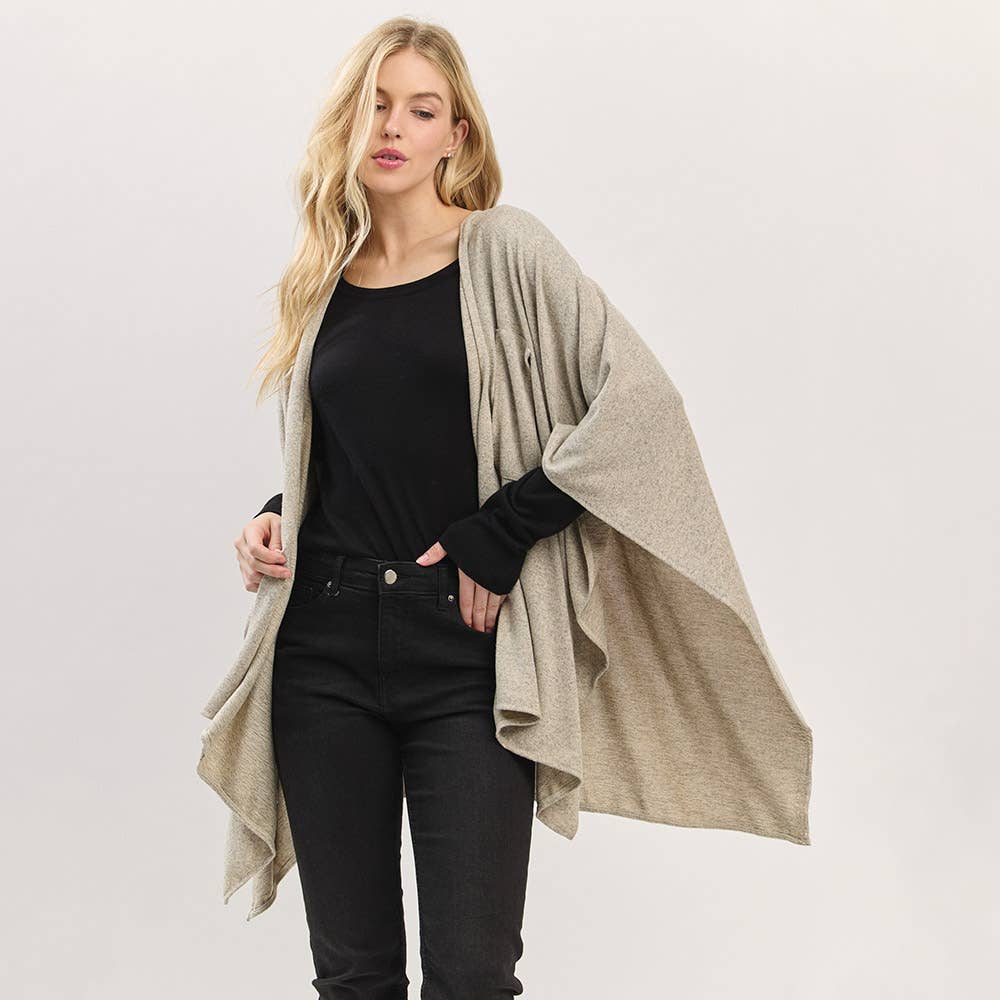 Sensibling Corp. - Wholesale Poncho - Dames - Asymmetrische Zoom Solide Doorknoop Gedrapeerde Strik-Voorkant Wikkelponcho10