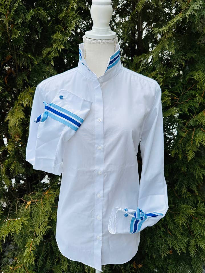 Audrey Ribbon FC - White w Royal & Lt. Blue Stripe Ribbon for wholesale by Pearly Vine
