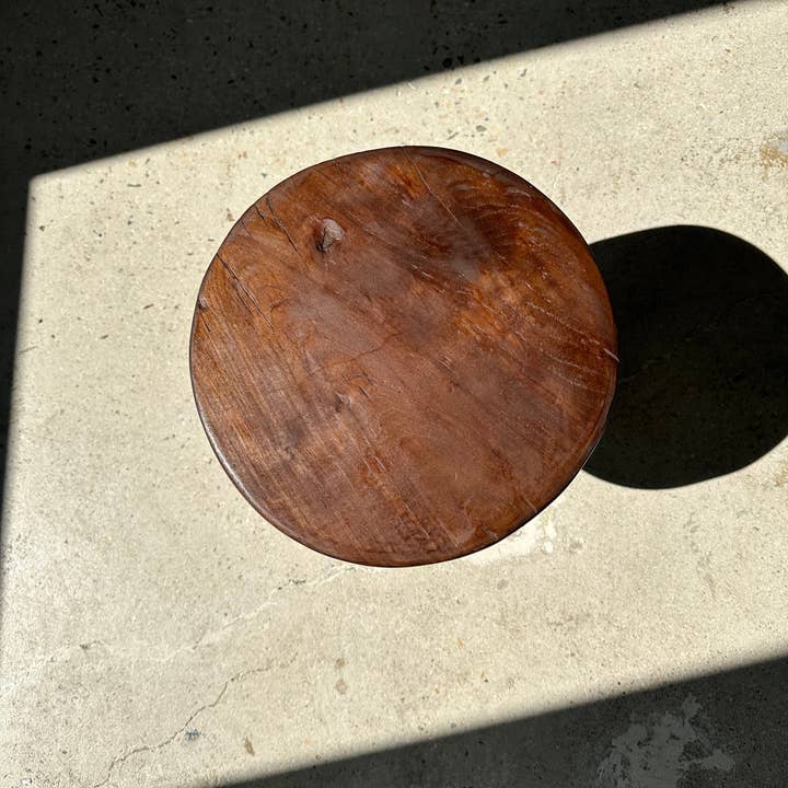 Office Objets - Wholesale Stool - Upcycled low flat teak tripod stool - Small solid brown wood stool with flat circular seat H:35cm D:30cm14