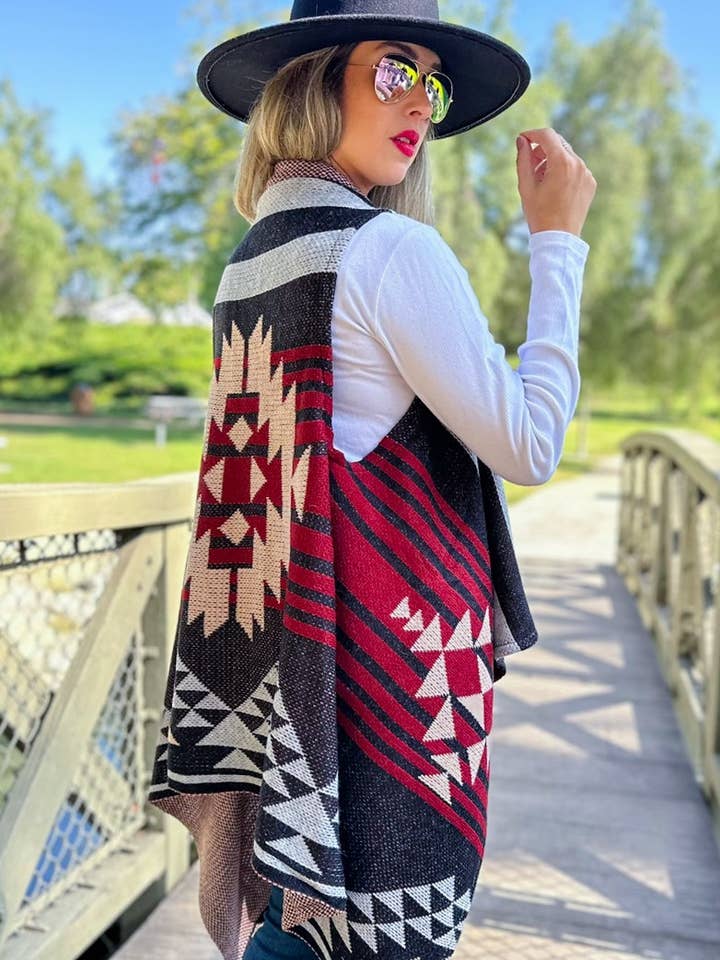 Black Western Aztec Printed Open Front Knitted Cowl Vest for wholesale on Faire0