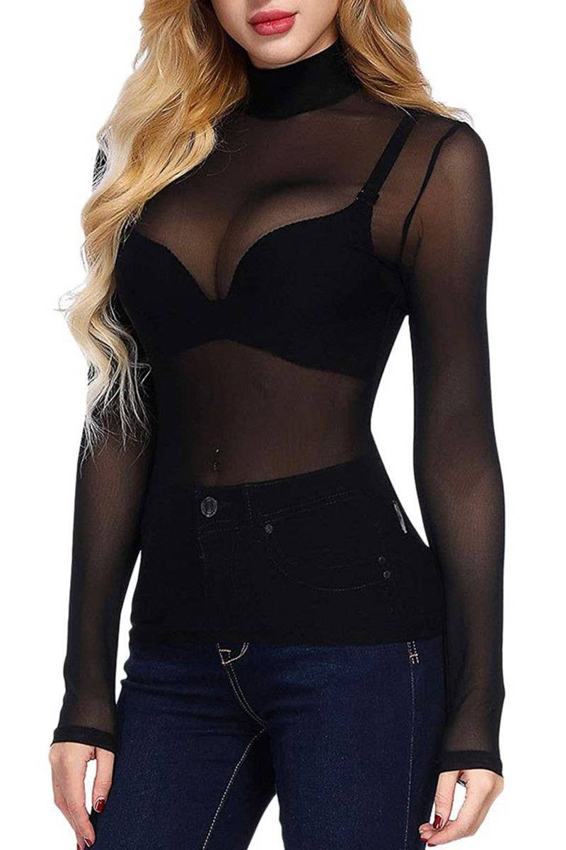 NINEXIS - Wholesale Blouse - Women's - CWTBLL3864_SHEER MESH STRETCH LONG SLEEVE TURTLENECK TOP0