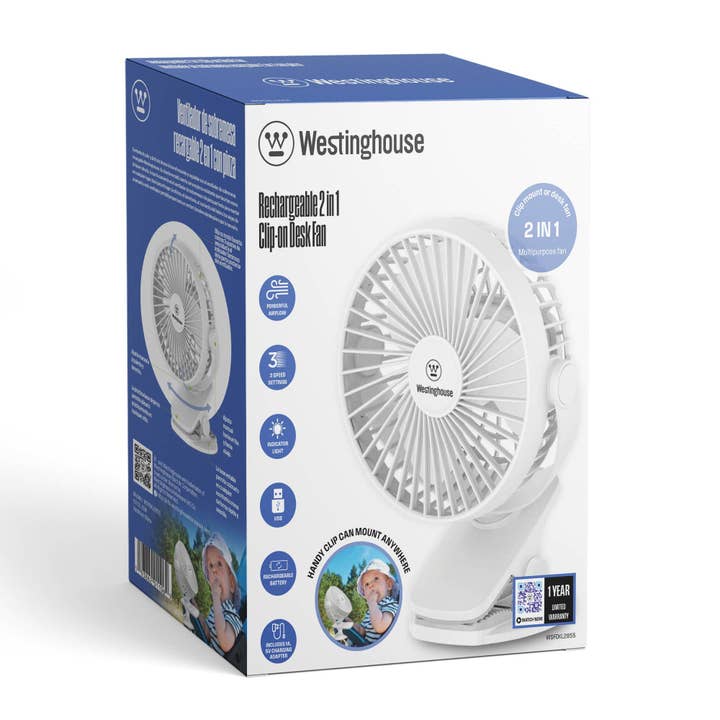 Westinghouse - Vente Ventilateur électrique portatif - Ventilateur rechargeable 2-en-1 à pince/table Westinghouse + adaptateur1