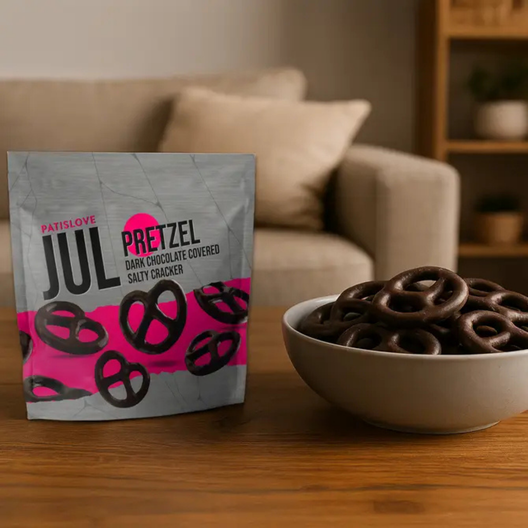 Patislove – Engroshandel Chokoladeovertrukket slik – Patislove JUL Pretzel – Mørk chokoladeovertrukket saltet kiks, 110 g1