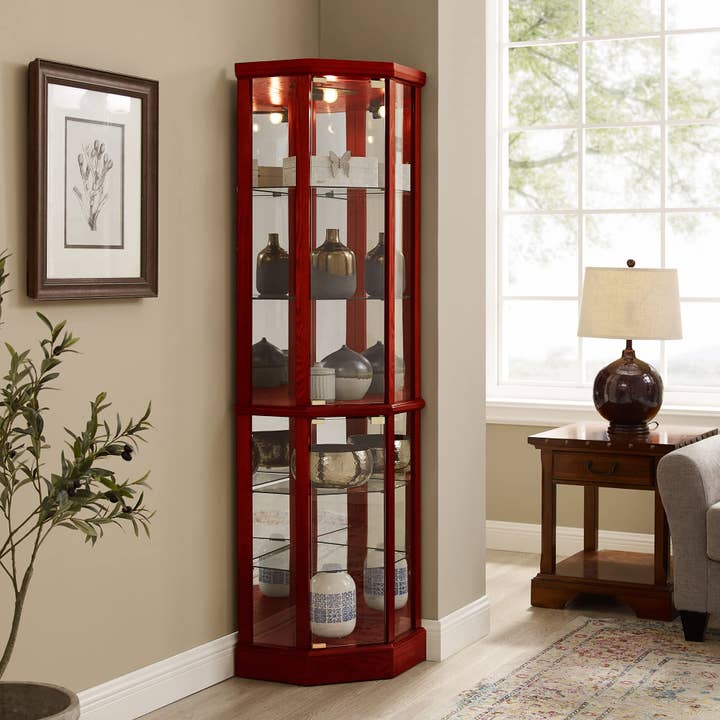 6 Shelf Lighted Corner Curio Cabinet With Adjustable Tempered Glass Shelves And Mirror Back, Cherry E26 Light Bulb Not Included Cherry Mdf for wholesale by Orange County Decor