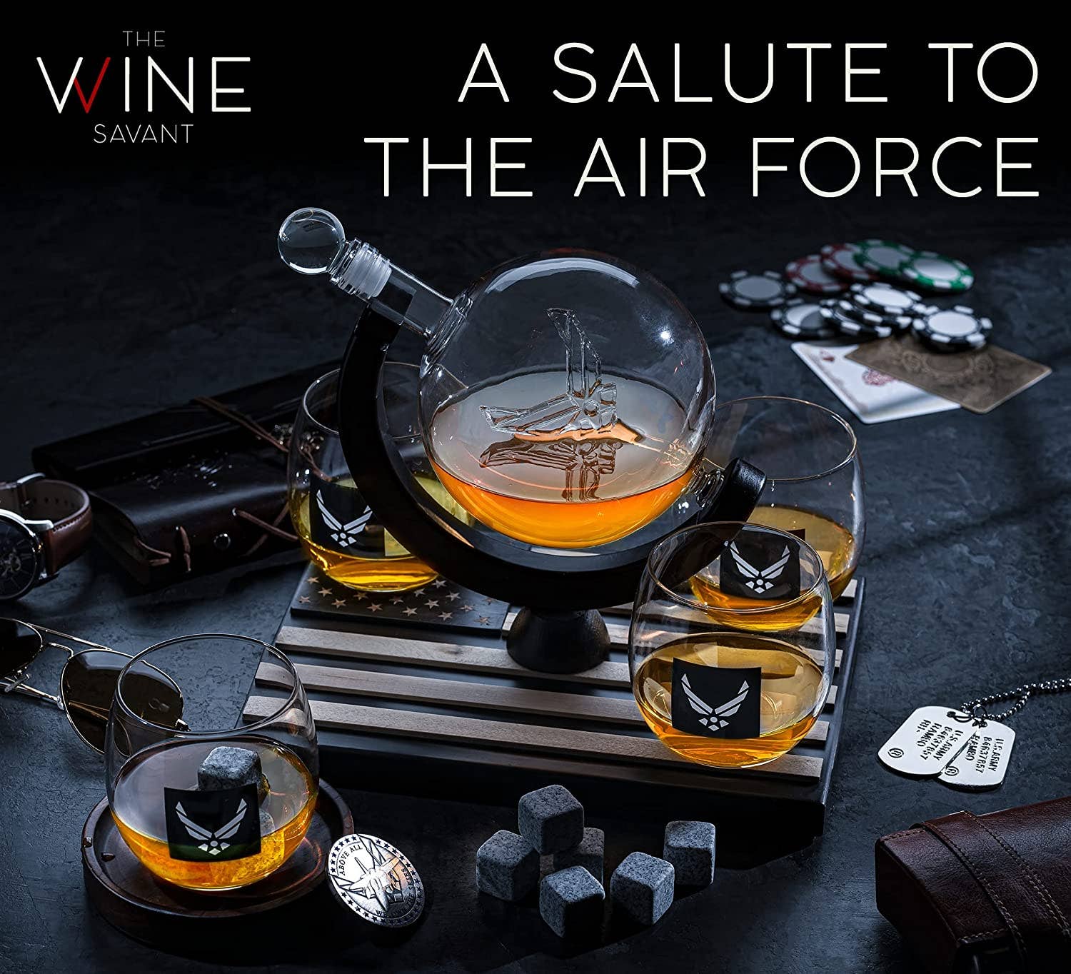 The Wine Savant /  Khen Glassware – Großhandel Dekanter – Globe Whisky-Karaffenset mit 4 Spirituosengläsern - Airforce1