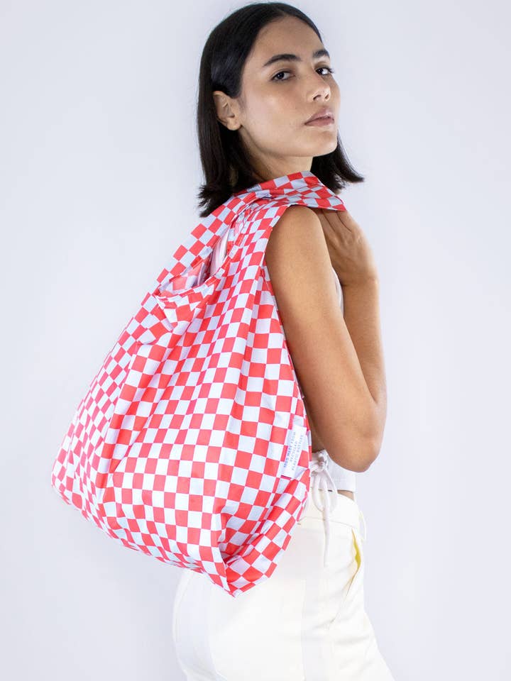 Sacola reutilizável média em vermelho e azul xadrez por atacado de Kind Bag