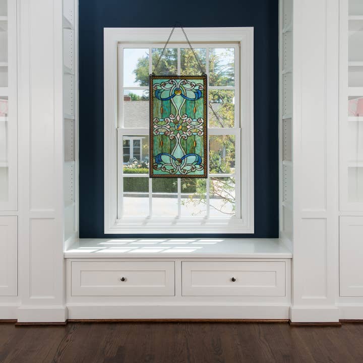 Baroque Ribbon Swirl Stained Glass Window Panel for wholesale by River of Goods