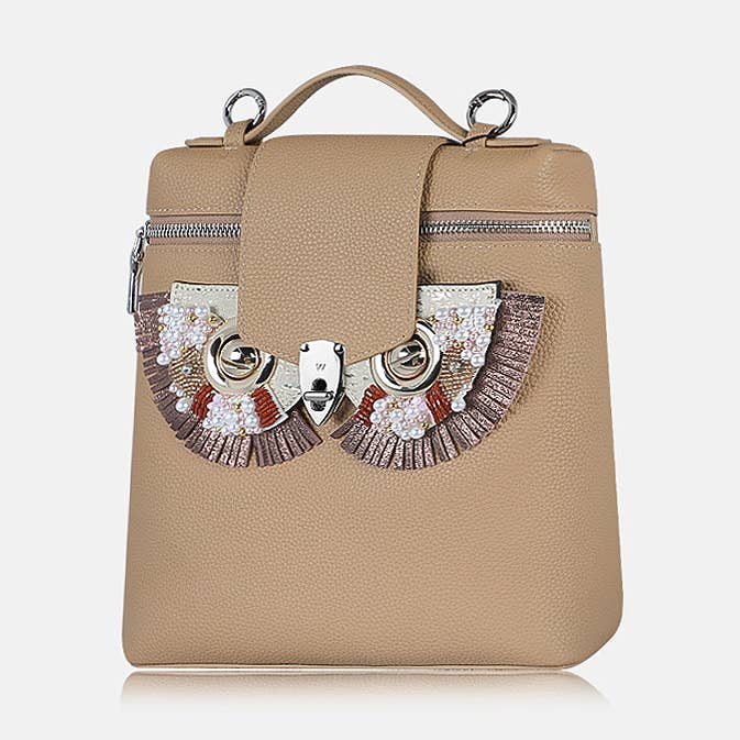 2-in-1 Schoudertas & Rugzak - Rundleer - Wit/Bruin voor wholesale door WANACCESSORY