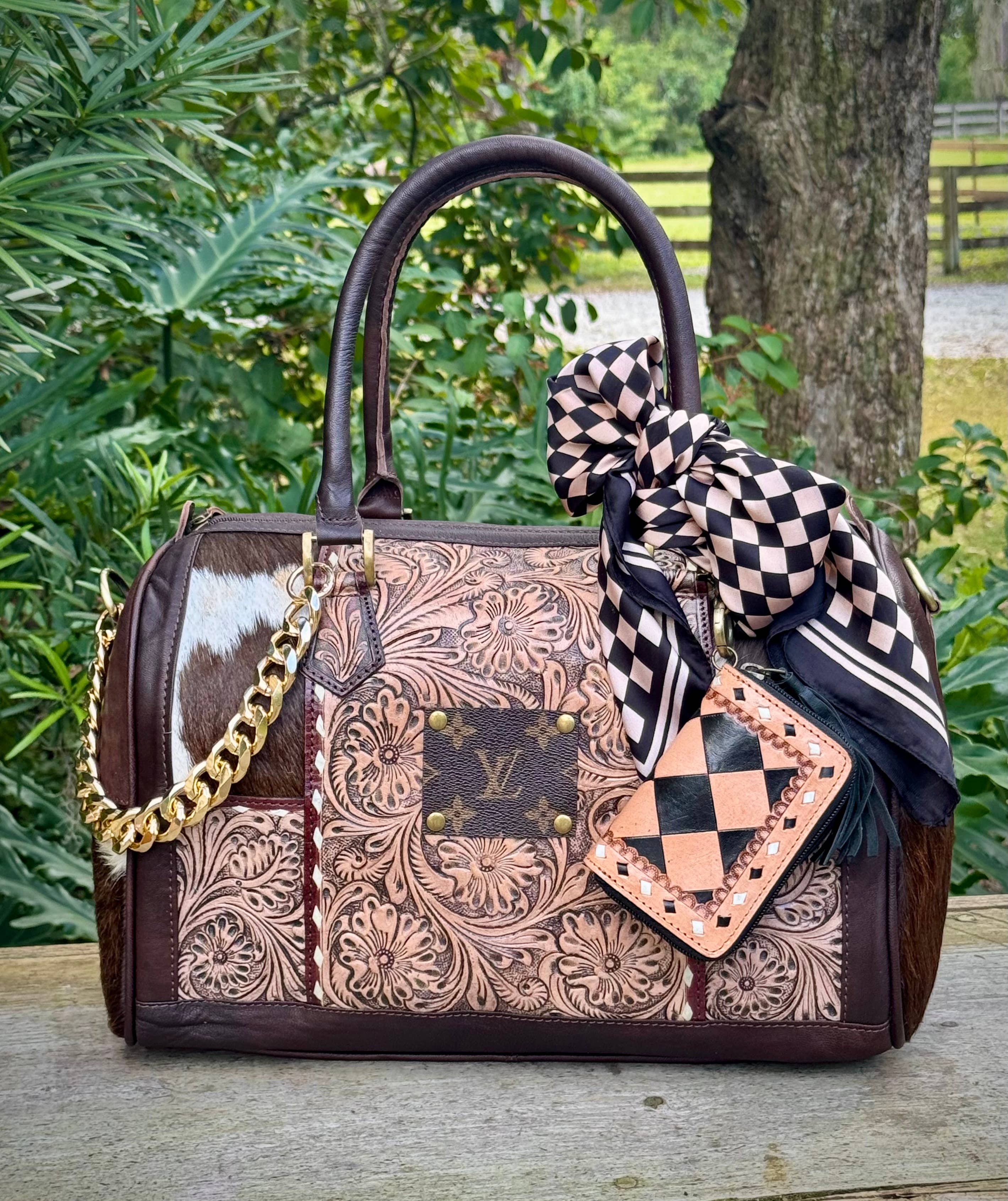 Southern Junkie Gypsy Boutique - Wholesale Crossbody Bag - Women's - Upcycled Tooled Leather Cowhide Speedy Crossbody Bag 5