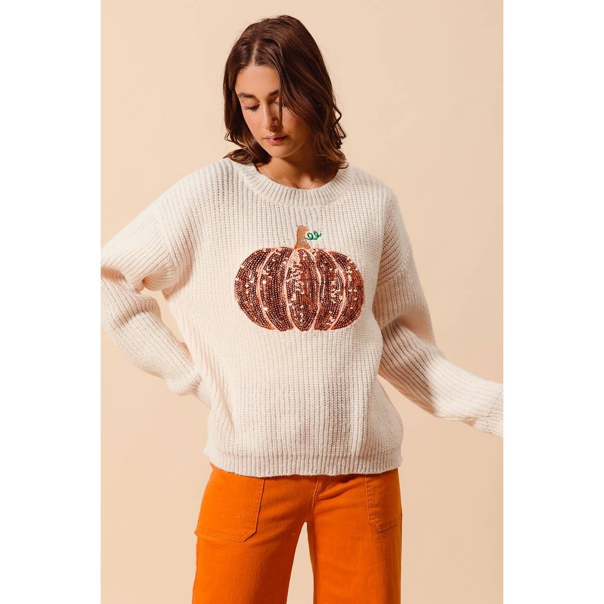 OATMEAL Sequin Pumpkin Halloween Thanksgiving Sweater Top for wholesale on Faire3