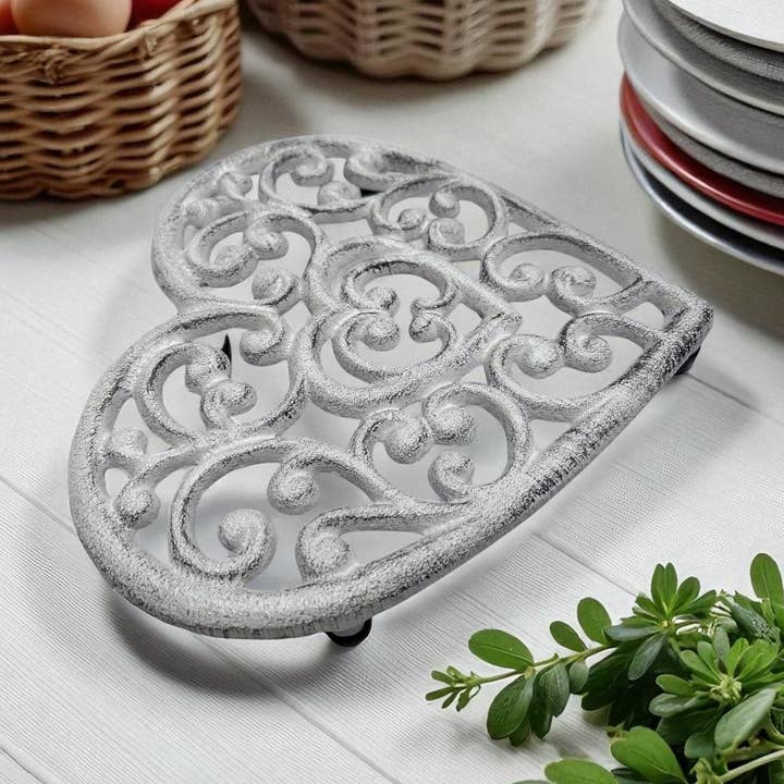 Heart-Shaped Trivet, Cast Iron Vintage White Kitchen Decor for wholesale by Iron & Blossom