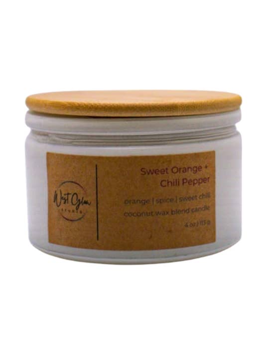 Sweet Orange + Chili Pepper 4 oz glass candle vessel for wholesale by West Glow Studio